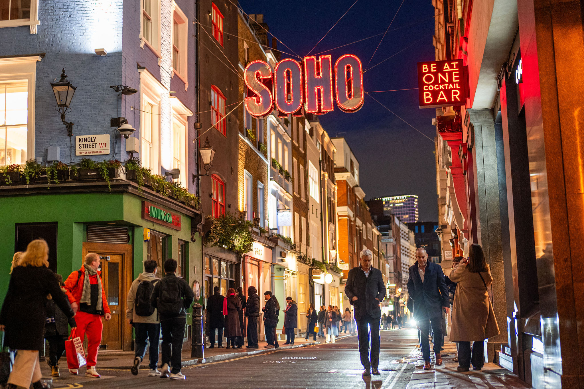 Soho London evening street scene, lifestyle photography